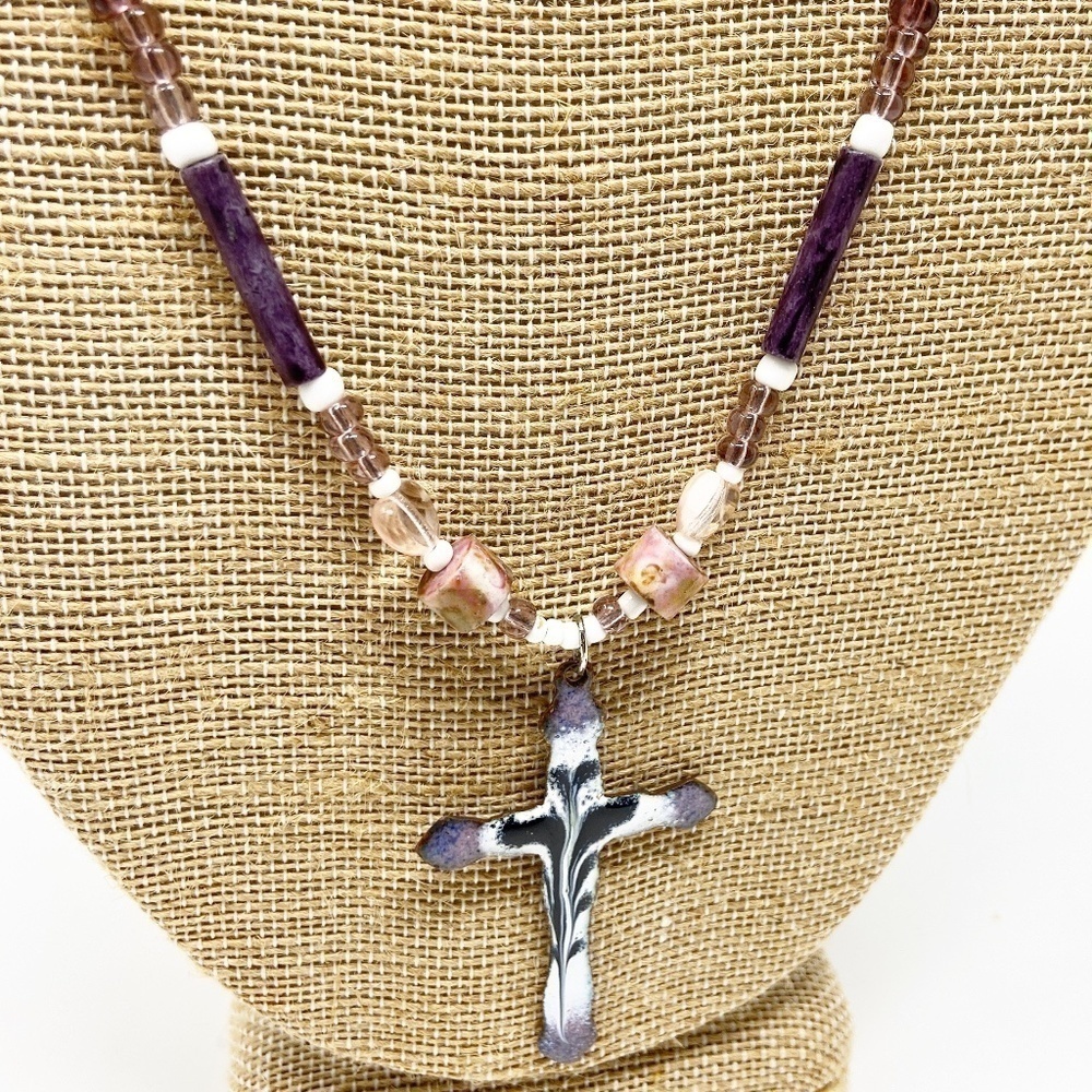 Purple ceramic cross pendant on beaded chain